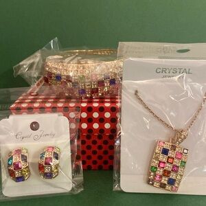 18k rose gold Necklace, Earrings, Bracelet w/Swarovski elements. Jewelry Set NIB